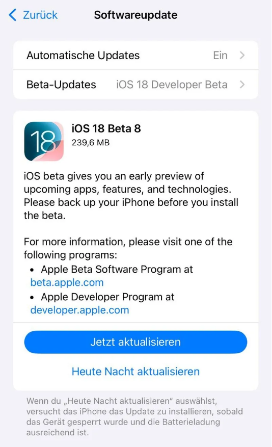 惠民苹果手机维修分享苹果 iOS / iPadOS 18 开发者预览版 Beta 8 发布 